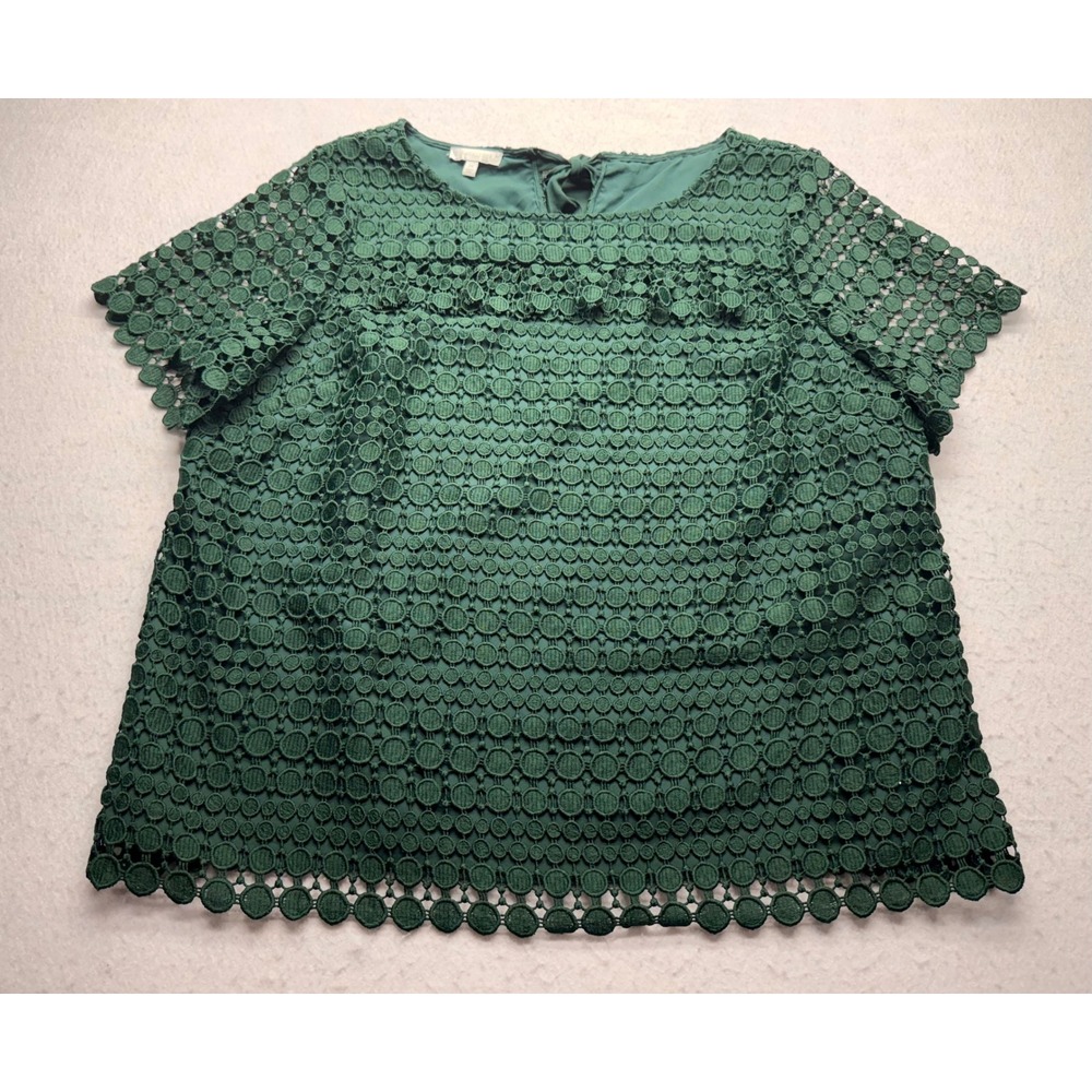 RSVP by Talbots Green Circle Lace Tie Back Blouse Top 2X Short Sleeve Side Zip